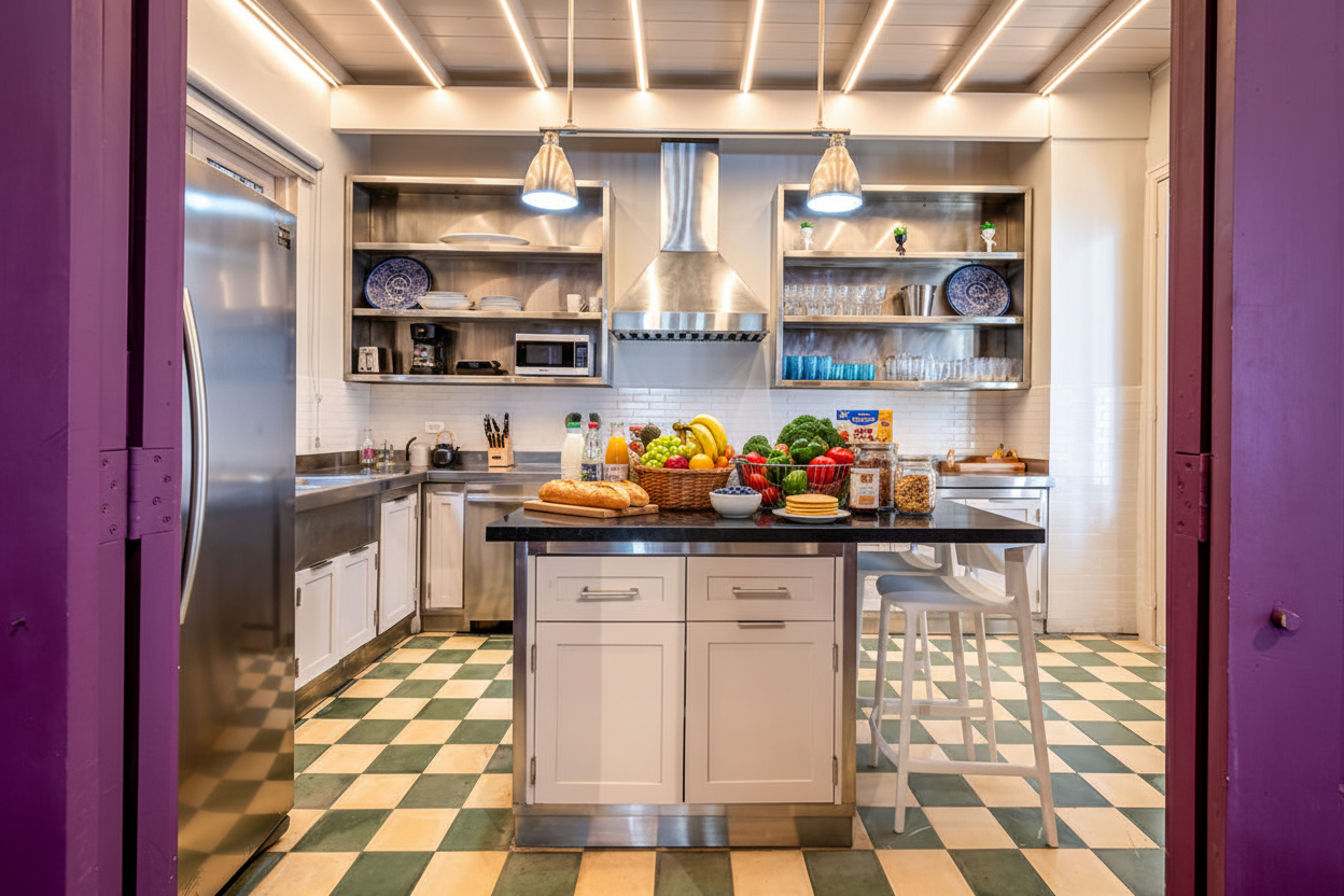 Casa AcoModo kitchen stocked with fresh groceries, fruits, beverages and breakfast items on the counter