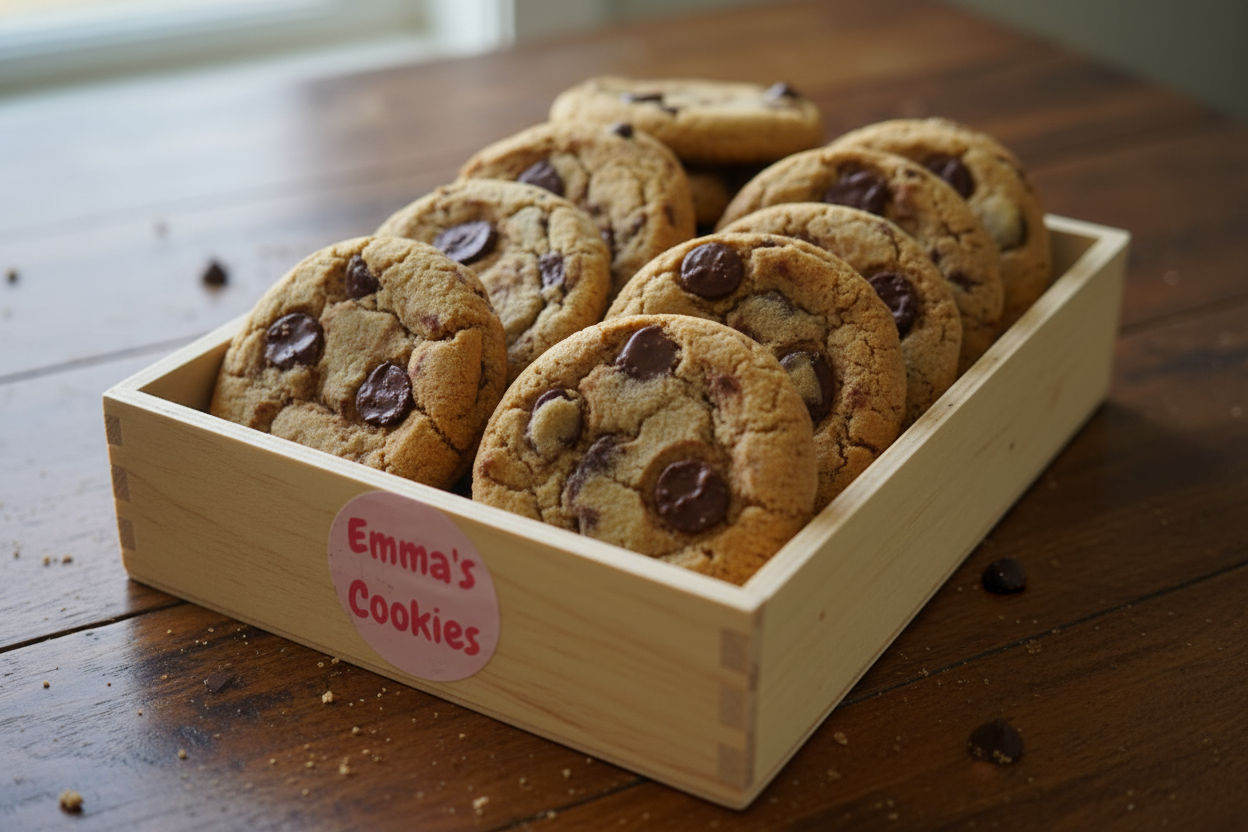 Emma's Cookies – Chocolate Chip box with Emma's Cookies logo
