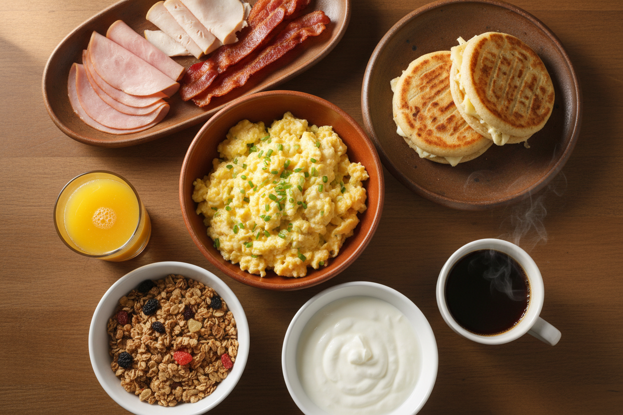 Breakfast Service - Buffet breakfast spread with scrambled eggs, Venezuelan arepas, ham, turkey, bacon, granola, yogurt, orange juice and coffee